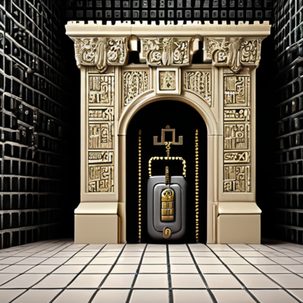 **A strong, complex password visualized as a fortress. High walls (length) are surrounded by a moat filled with obstacles (complexity), protecting a digital safe containing cryptocurrency.** (Focus: Visual representation of password strength)