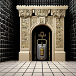 **A strong, complex password visualized as a fortress. High walls (length) are surrounded by a moat filled with obstacles (complexity), protecting a digital safe containing cryptocurrency.** (Focus: Visual representation of password strength)