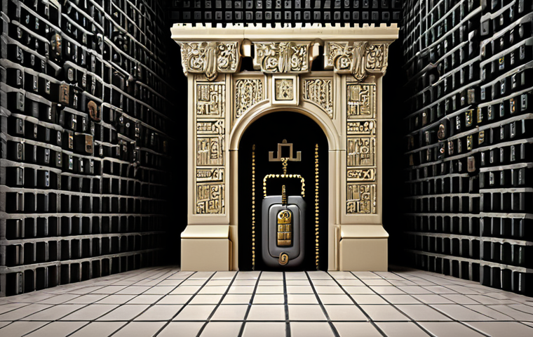 **A strong, complex password visualized as a fortress. High walls (length) are surrounded by a moat filled with obstacles (complexity), protecting a digital safe containing cryptocurrency.** (Focus: Visual representation of password strength)