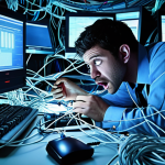 **Image Prompt 1:** A stressed IT professional surrounded by tangled wires and glowing computer screens, desperately trying to secure keys on a digital dashboard filled with alarming notifications. The scene should evoke a sense of urgency and the overwhelming nature of modern key management.
