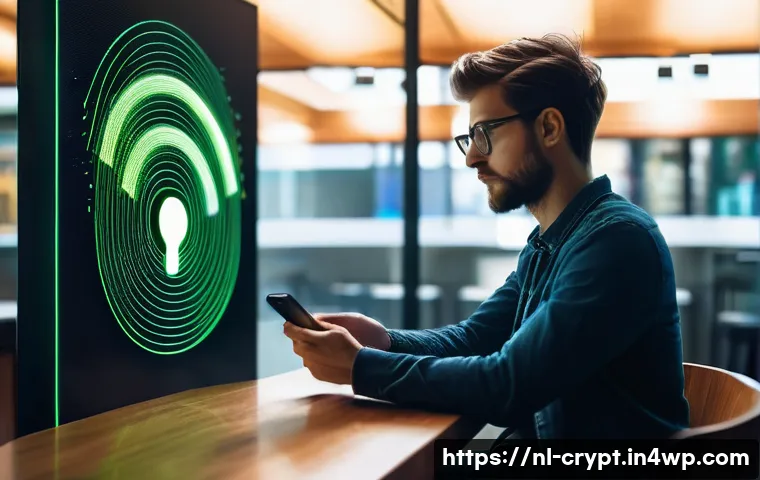 스마트폰과 암호화폐 보안의 관계 - **Prompt 1: Public Wi-Fi Vulnerability vs. Secure Connection**
"A realistic photograph set in a ...