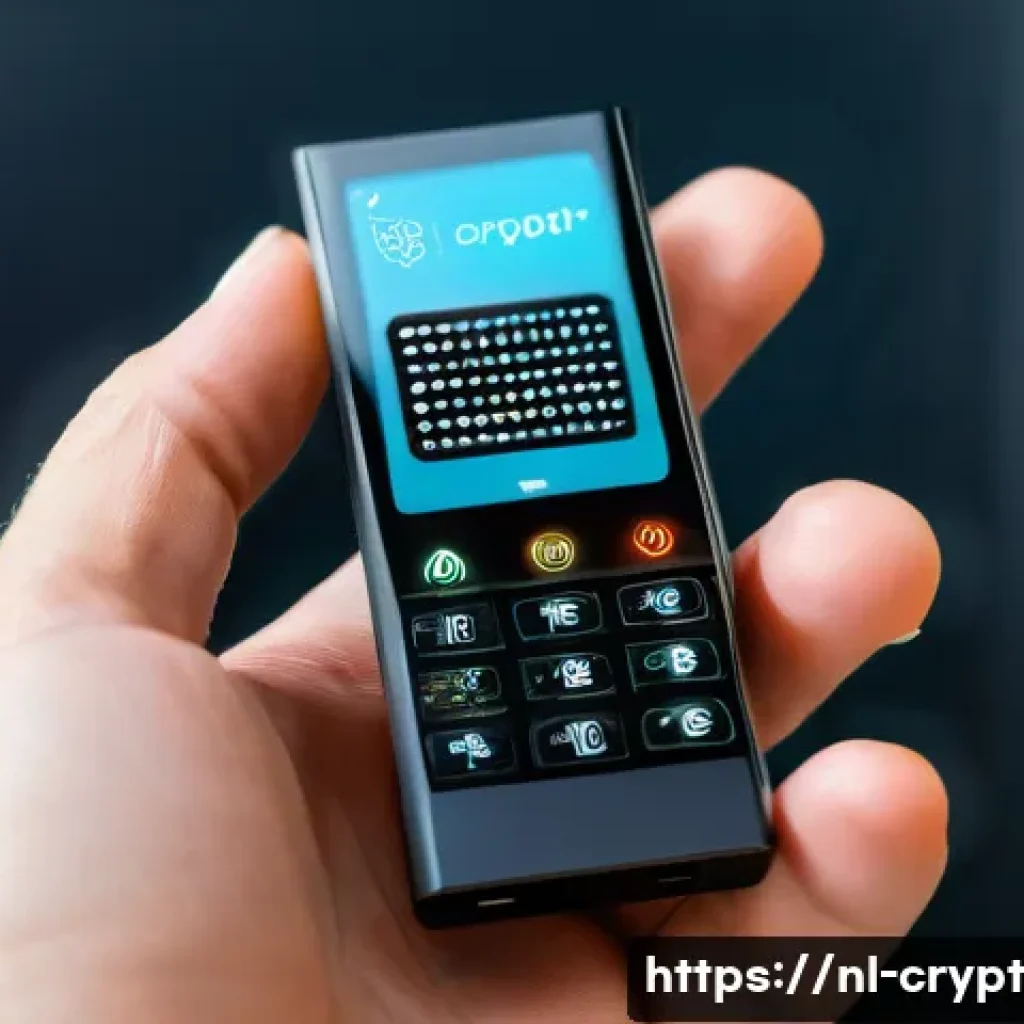 암호화폐 보안에 관한 최신 기술 동향 - A sleek modern hardware wallet device, such as a Ledger Nano X or Trezor Model T, resting in the pal...