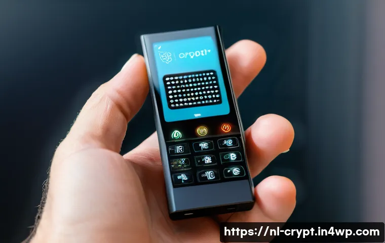 암호화폐 보안에 관한 최신 기술 동향 - A sleek modern hardware wallet device, such as a Ledger Nano X or Trezor Model T, resting in the pal...