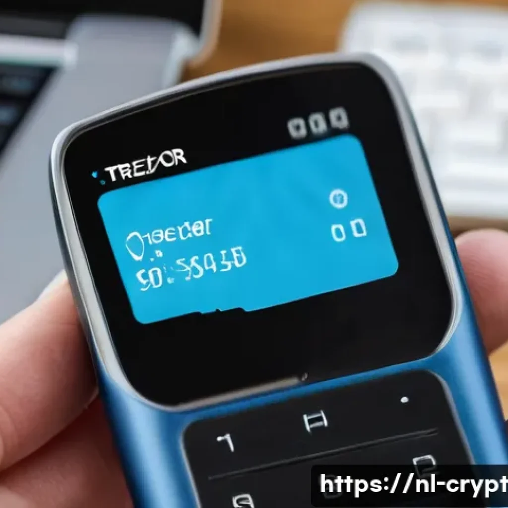 해킹 사고 예방을 위한 암호화폐 보안 계획 - A detailed, realistic close-up of a hardware crypto wallet device (like Ledger or Trezor) held in a ...