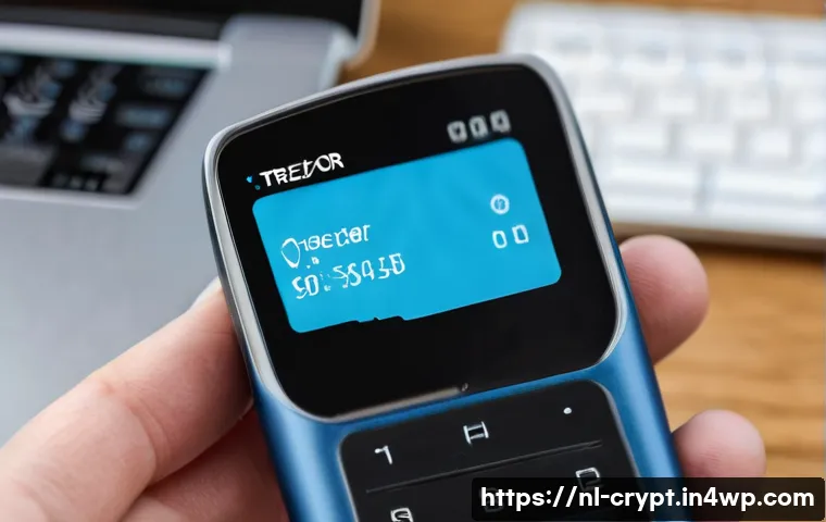해킹 사고 예방을 위한 암호화폐 보안 계획 - A detailed, realistic close-up of a hardware crypto wallet device (like Ledger or Trezor) held in a ...