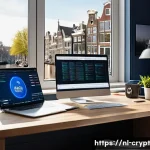 Home 22 암호화폐 거래 시 보안 관련 법적 책임 - A modern Dutch cryptocurrency trader in a sleek home office, surrounded by multiple computer screens...