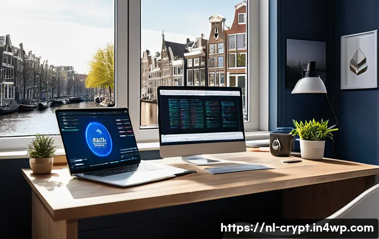 암호화폐 거래 시 보안 관련 법적 책임 - A modern Dutch cryptocurrency trader in a sleek home office, surrounded by multiple computer screens...