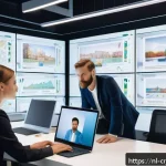Home 19 블록체인에 대한 신뢰와 보안 문제 - A highly detailed digital illustration of a diverse group of professionals in a modern Amsterdam off...