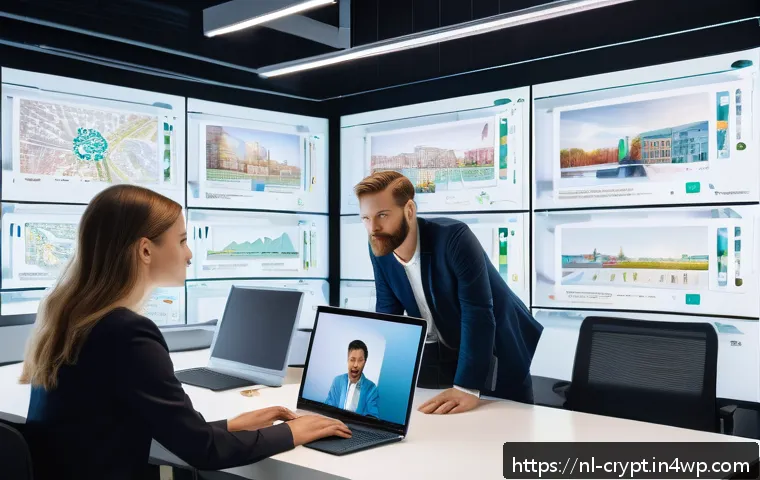 블록체인에 대한 신뢰와 보안 문제 - A highly detailed digital illustration of a diverse group of professionals in a modern Amsterdam off...